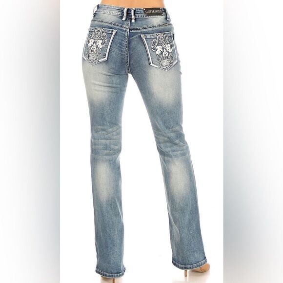 Platinum Plush Skull Candy Bootcut Embellished Jeans - Picture 1 of 3